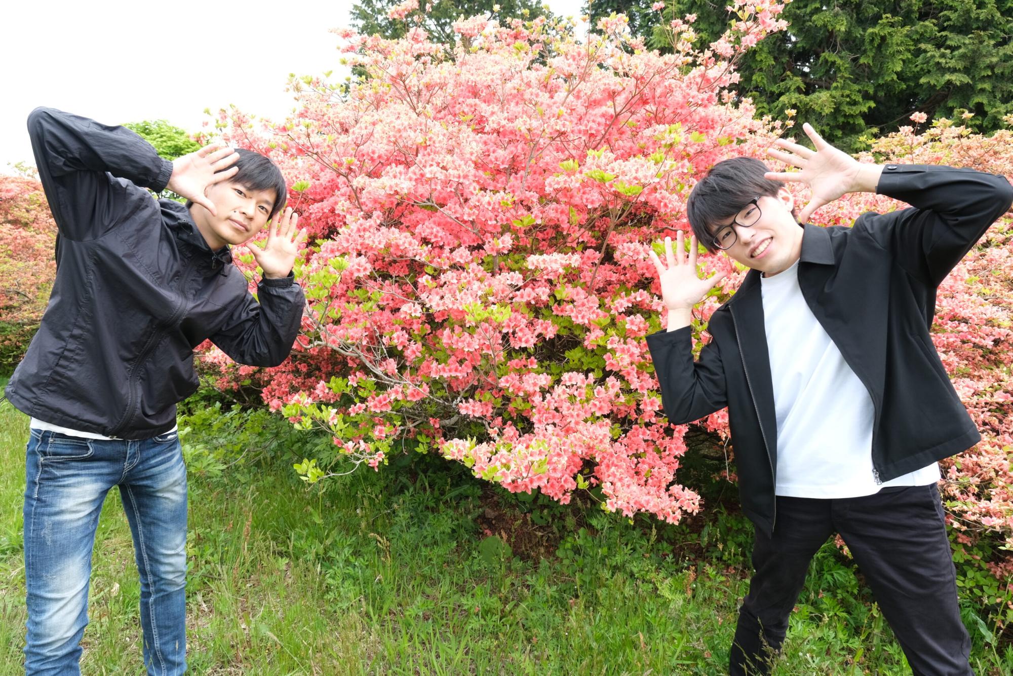 のぶといっちーがピンク色のツツジの花の前で笑顔を見せながら、両手を顔の横で広げてポーズを取っている写真