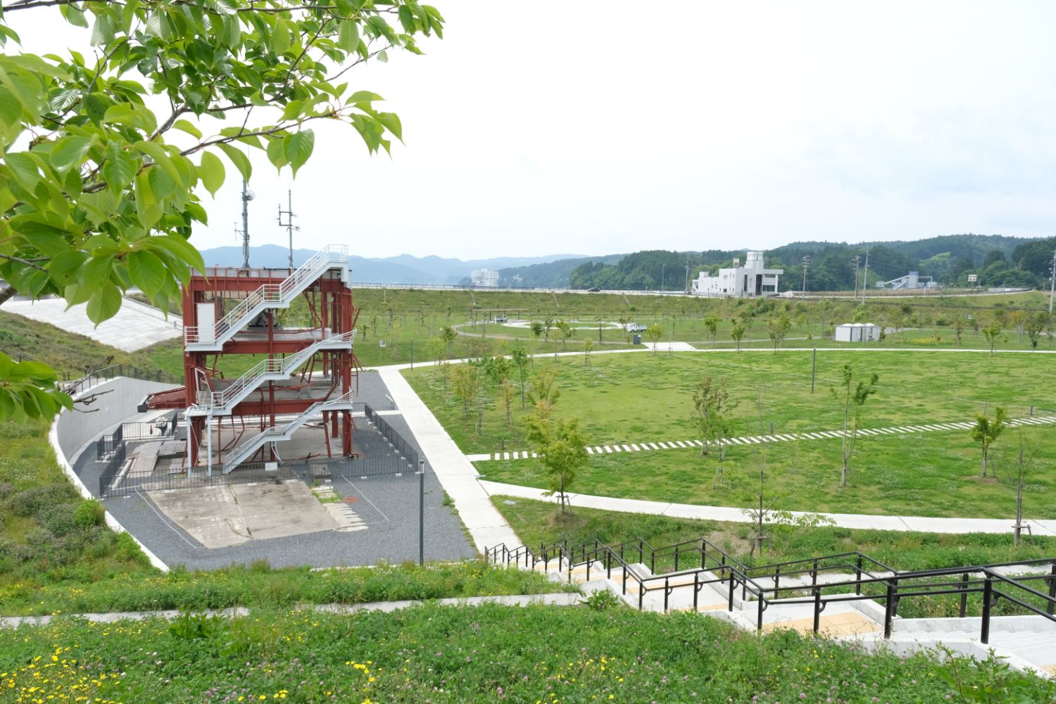 広々とした広場の左側に赤い鉄骨の防災塔があり、その右側に歩道が整備され、芝生の中にたくさんの若い木が植えられている写真