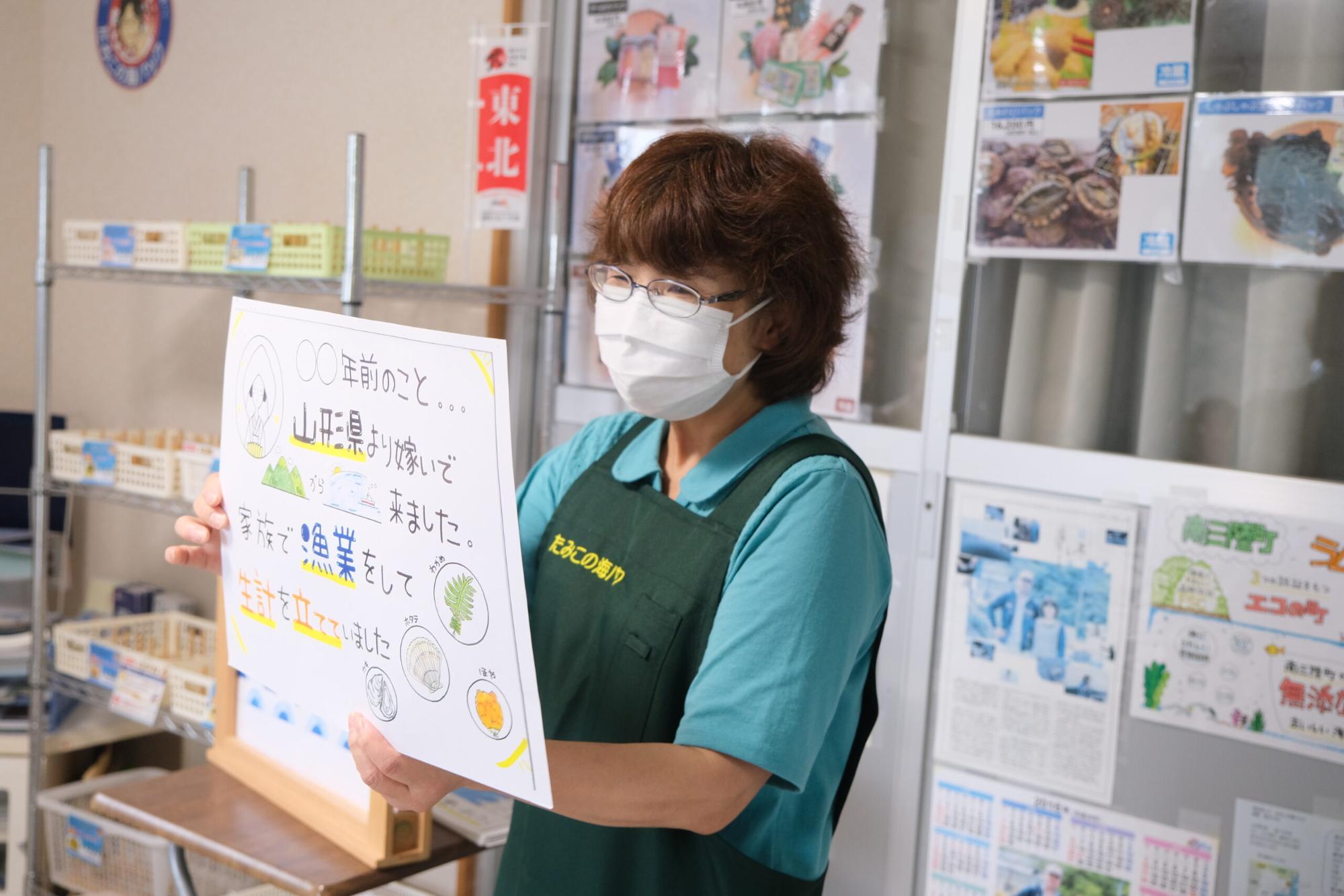 背景には漁業や海産物に関する資料やポスターが貼られているおり、緑色のエプロンを着た女性が室内で紙芝居を持ちながら説明している写真