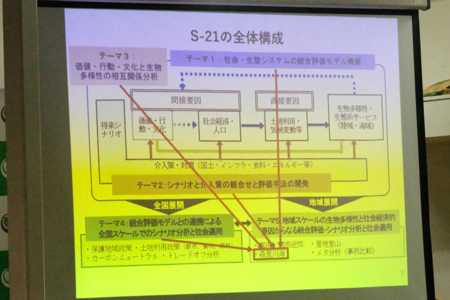 S-21の研究全体構成を示す図がスライドに映し出されており、価値・行動・文化や社会経済などの要因と生物多様性の関係を矢印で関連付けながら説明している構造図の写真
