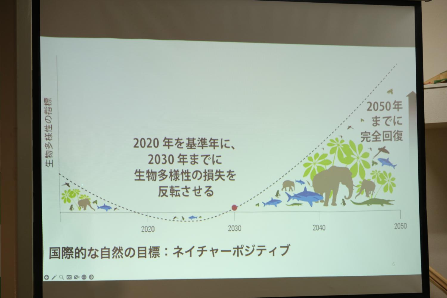 生物多様性の損失を2030年までに反転させ、2050年までに完全回復を目指す国際的な自然の目標『ネイチャーポジティブ』をイラスト付きで示したスライドの写真