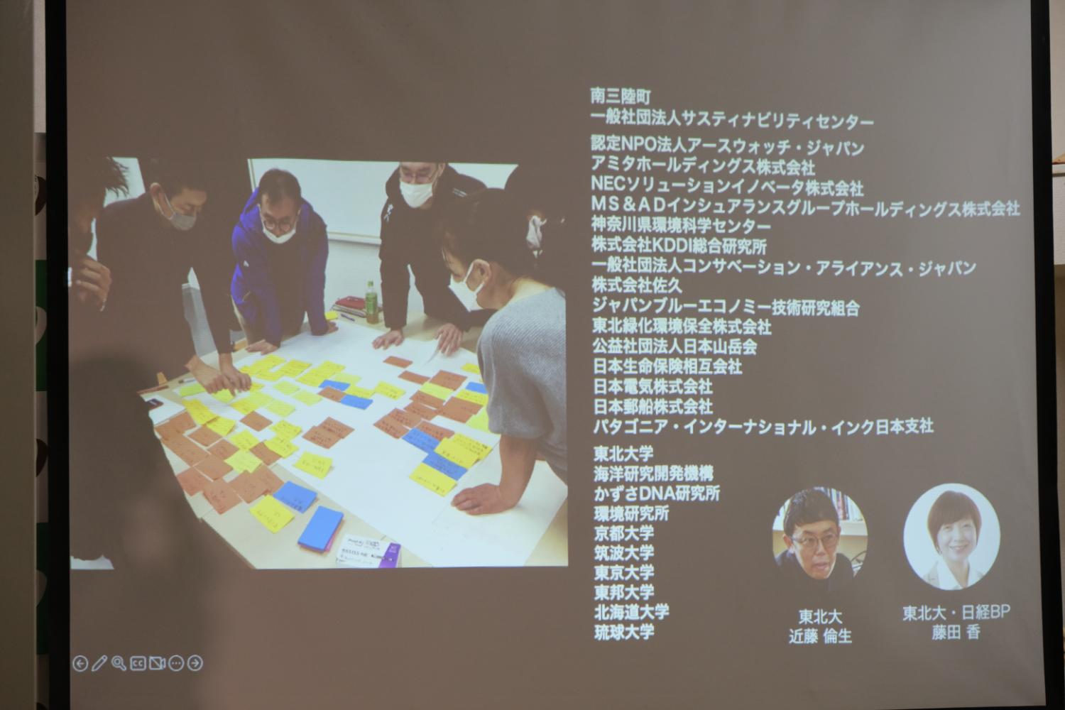 数人の人々がマスクをしてテーブルを囲み、カラフルな付箋を使って意見を出し合っている様子と、スライド右側にはこの取り組みに参加している多数の団体や大学名がリストで表示されている写真