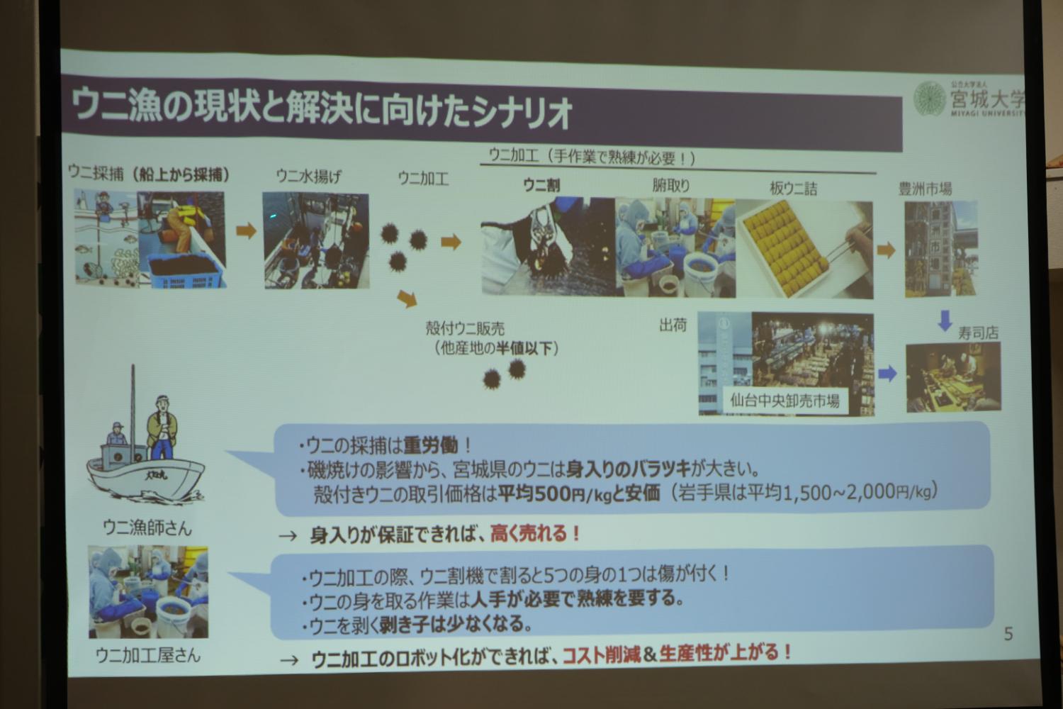 ウニ漁の現状と解決に向けたシナリオの説明文のスクリーン画面の写真