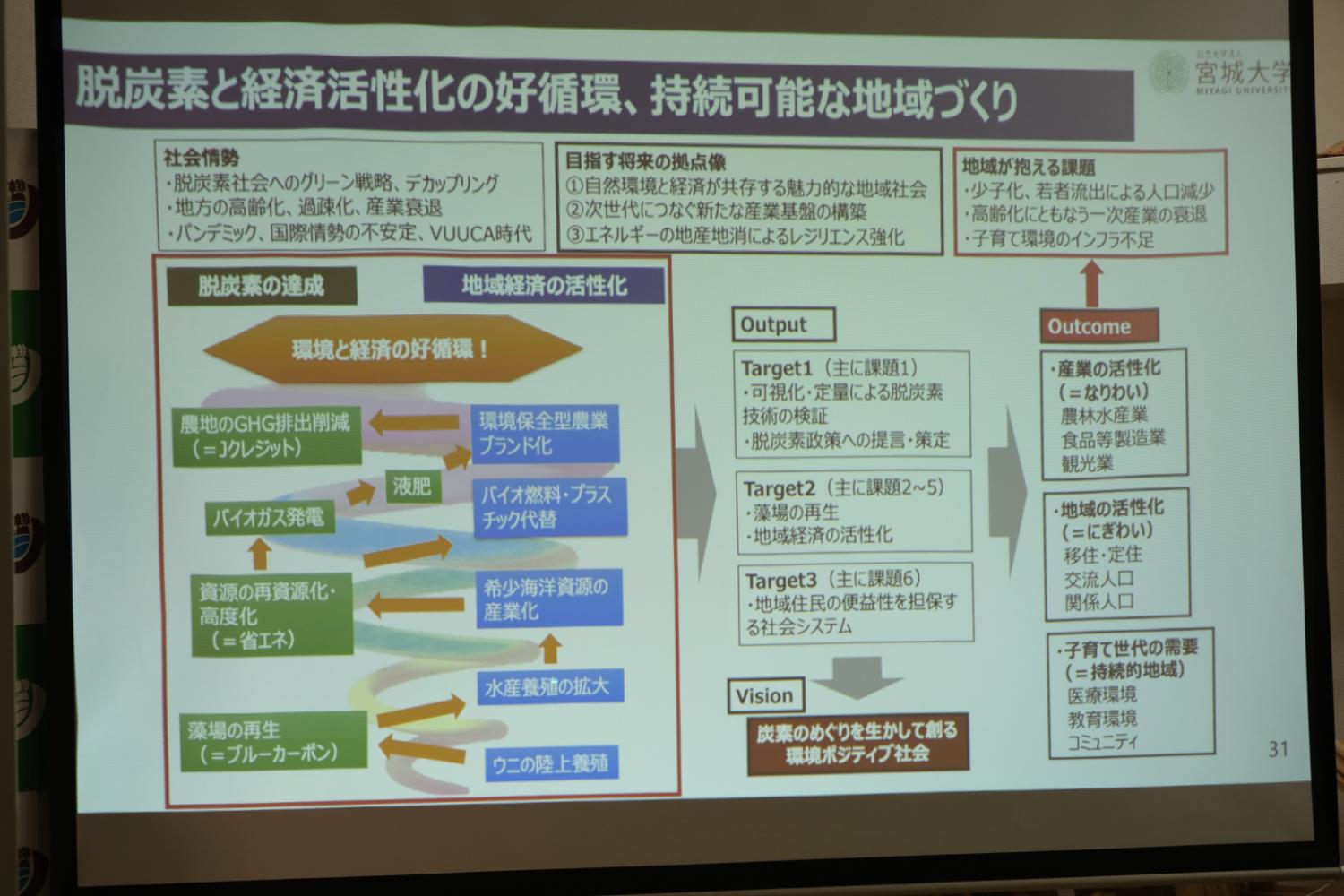 脱炭素と経済活性化の好循環、持続可能な地域づくりの説明文と説明図のスクリーン画面の写真