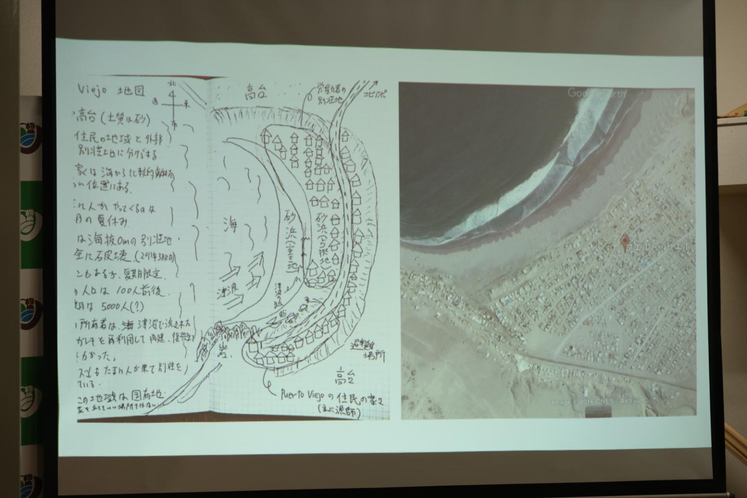 左側に手書きの海や家、避難場所などの配置図、右側には海や砂浜付近の家などを写した航空写真のスクリーン画面の写真
