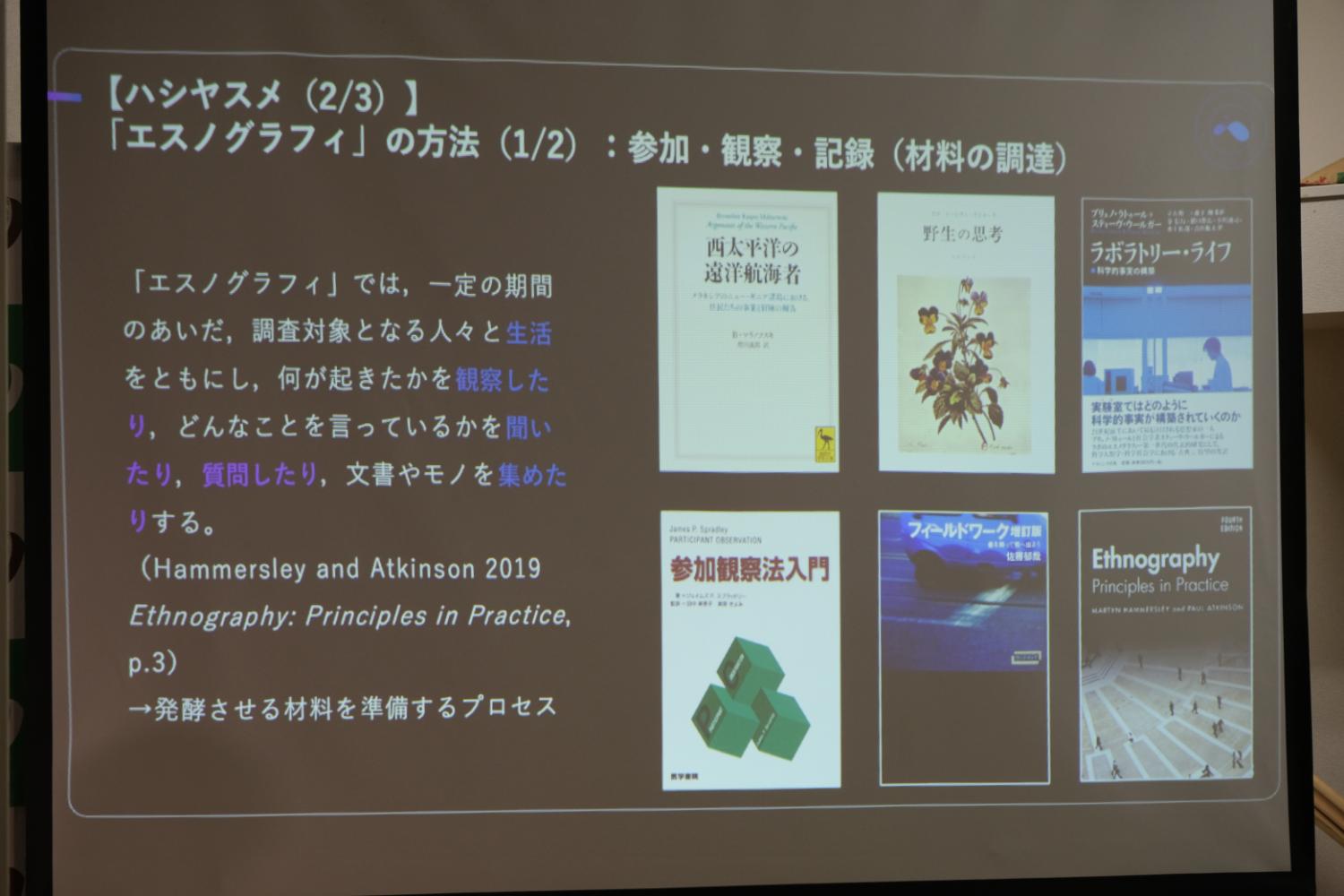 「エスノグラフィ」の方法（1/2）：参加・観察・記録（材料の調達）の説明のスクリーン画面の写真
