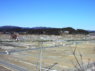 青空の下、電柱が立ち並び整備が進んでいる広い土地が広がり、遠くに森林と低い山々が見える風景の写真