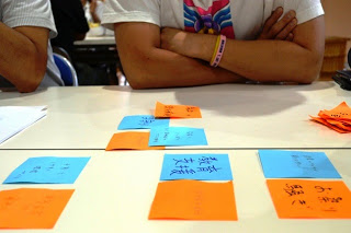 腕を組んでテーブルを見つめる人の前に、文字が書かれた青とオレンジの付箋が整然と配置されている写真