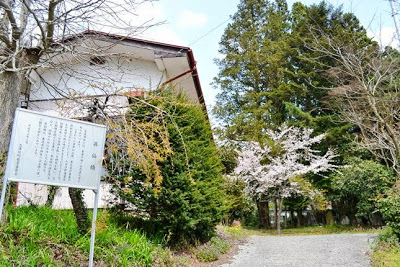 木々に囲まれた白い建物の手前に立て札があり、建物の奥に淡いピンク色の花をたくさんつけた一本の桜の木があり、背後に杉林がある生活センターと庭の写真