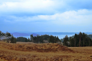造成地の盛り上がっている茶色い土の向こうに針葉樹林が広がり、そのさらに奥に青く広がる海が見えている遠景写真