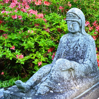 ピンクのツツジの前に配置され、地面に座り左膝を立て、右足を伸ばした姿勢の穏やかな表情をしている観音像の写真