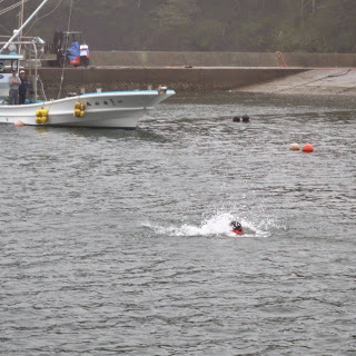 飛び込んだ参加者がライフジャケットを着て海を泳いでいるところを遠くから撮影した写真