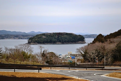 手前の道路の先に広がる海と、中央に浮かぶ緑に覆われた島が印象的な風景の写真