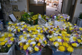 黄色や白に加え、アクセントとして紫色の菊の花が透明なビニールで包まれ、バケツの中にたくさん入っている写真