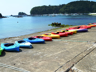 海辺のコンクリートの上に赤・青・黄など色とりどりのカヤックが整然と並べられている写真