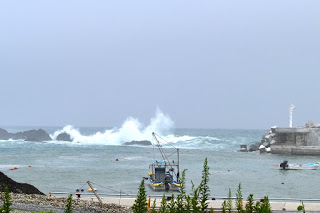 漁港に漁船が停泊し、高波が高く白いしぶきが岩に打ちつけられている荒れた海の写真