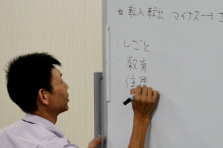 男性がホワイトボードに「しごと」「教育」「住居」とリストを書きながら説明している様子を写した写真