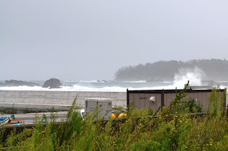 曇天の空の下、高波が防波堤に激しくぶつかり、白いしぶきが上がり海沿いの建物を写した写真