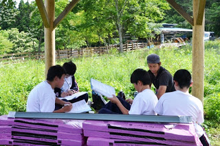 野外の東屋の下で、生徒たちが紙を広げて椅子に座り、男性スタッフに職場インタビューをしている様子が写っている写真