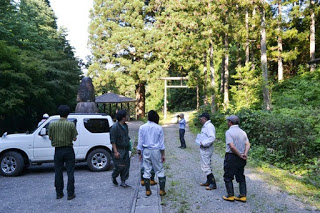 6人の男性が林道の脇に止めた車の前に立っている森林調査の際の写真