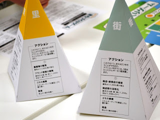 テーブルの上に2つの紙製ピラミッド型の駒が置かれており、左は黄色と白で「里」、右は緑と白で「街」と書かれており、側面には説明が記載されているボードゲームのコマの写真