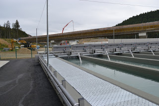複数の水路が平行に並んでおり、水が静かに流れていて、その奥には工事中の高架橋が見え、周囲には山と林が広がっている浄化施設の写真