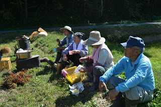 草地に座った高齢の男女4人が昼休みに会話をしながら、横に置かれた釜で煮炊きした食事の準備をしている写真