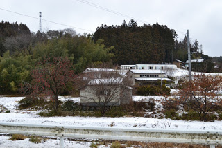 曇り空の下、雪が積もった地面に囲まれた木々と数軒の家が広がる、冬の風景の写真
