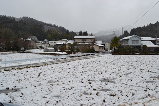 木々と丘に囲まれた曇り空の下、雪に覆われた畑が手前に広がり、奥には屋根に雪が積もった家々や建物が並び、白いガードレール付きの道路が通る冬の風景の写真