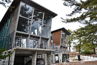 松の木に囲まれた中に、大きなガラス窓と金属製の手すりが付いたバルコニーがある、高床式で下が駐車スペースになっている建物が二棟並んで立っている写真