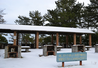 屋根つきのスペースの手前にブロックで作られたかまどがいくつか並んでいるバーベキュー場が雪で覆われている写真