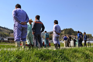 雲一つない青空の下、農作業服を着た数人の人たちや関係者たちが畦道に立ち、液肥を散布している農業用機械を見つめている後ろ姿の写真
