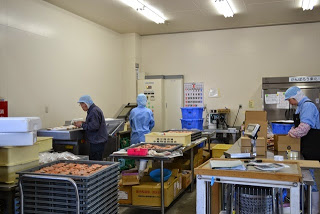 工場内で帽子やマスク、作業着を着た数人が流れ作業で魚を仕分けたり箱詰めしている様子の写真