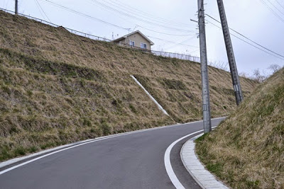 右に向かってカーブする坂道の途中から、斜面の上にある住宅を見上げる構図で撮影した写真