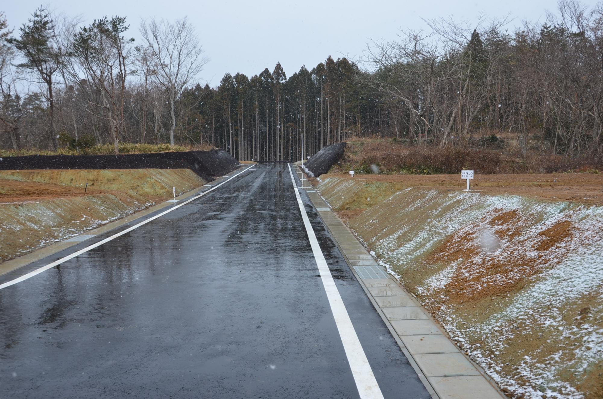 雪が舞う中、左右に盛土された造成地の中央をまっすぐに新しく舗装された黒いアスファルトの道路が森の中へと伸びている写真