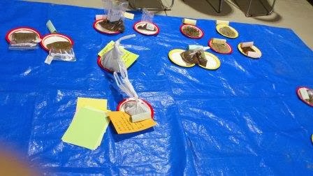 青いシートの上に赤と黄色の縁の複数の紙皿が並べられ、それぞれに透明袋に入った材料が置かれ、中央の2つのお皿には材料と説明書きされた紙が置かれている写真