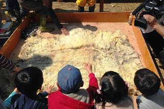 大きな木枠の中に広げられた羊毛を子どもたちが手で触っている様子を、右側からENGカメラで撮影している写真