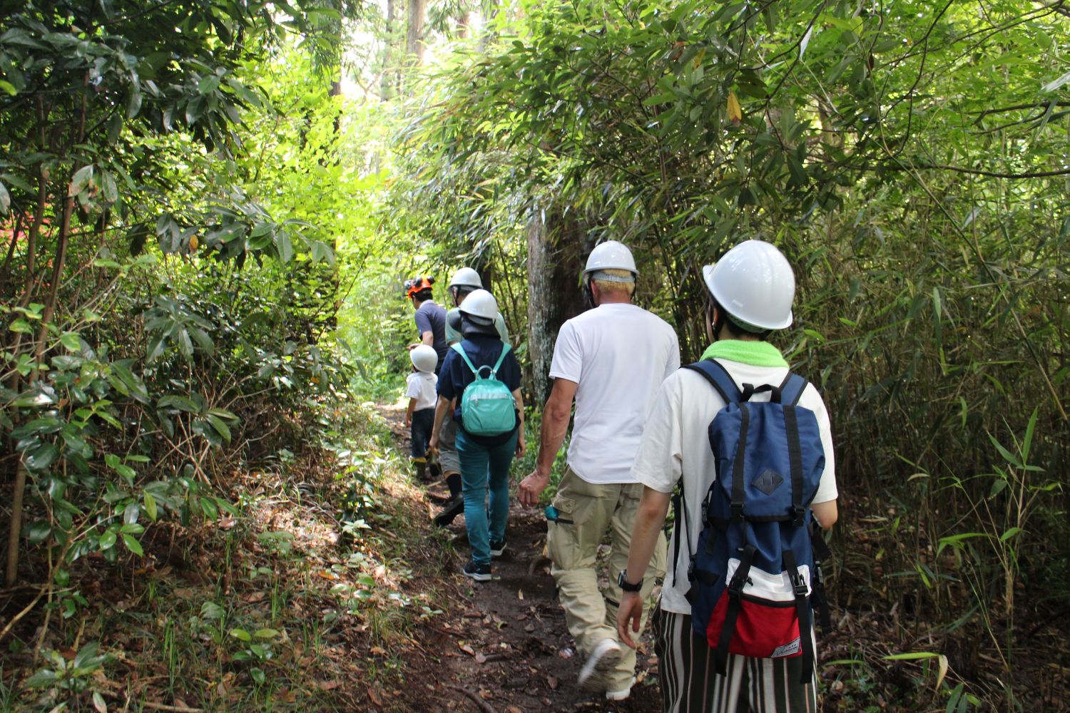 ヘルメットを被った大人と子どもたちが、木々や竹に囲まれた細い山道を一列になって歩いており、緑に包まれた自然の中でガイドツアーの一行が進んでいる様子を後ろからとらえた写真