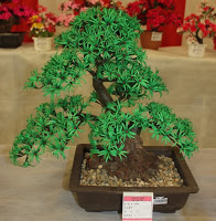 緑色の葉をつけた松の盆栽の繭細工作品の写真