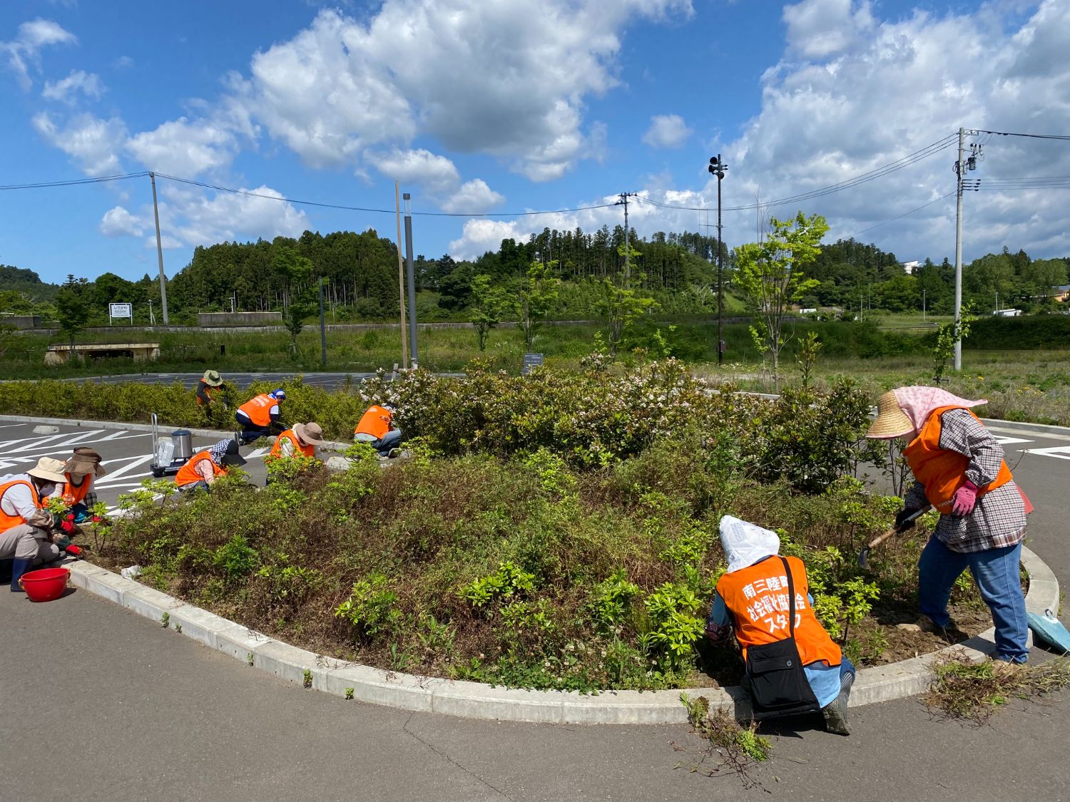 オレンジのベストを着た数人の参加者が駐車場の植え込み前でかがみ、草取りや手入れをしている写真