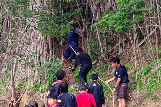 急斜面の林の中で、子どもたちが順番に木の根や枝をつかみながら登っている様子の写真