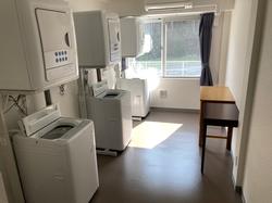 窓から光が差し込む明るい部屋に、縦型洗濯機と乾燥機が並んで設置されているランドリールームの写真