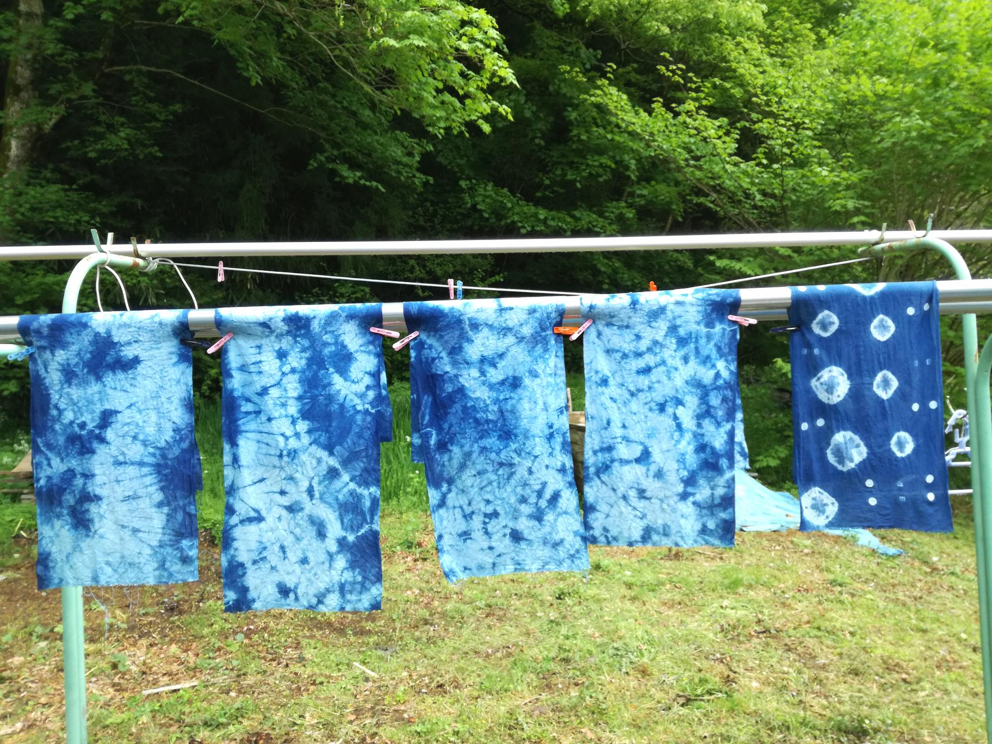 金属の物干し竿に洗濯ばさみで止められた深い藍色に染まり白い模様が浮かび上がった絞り染めの布が5枚並んで干されている写真