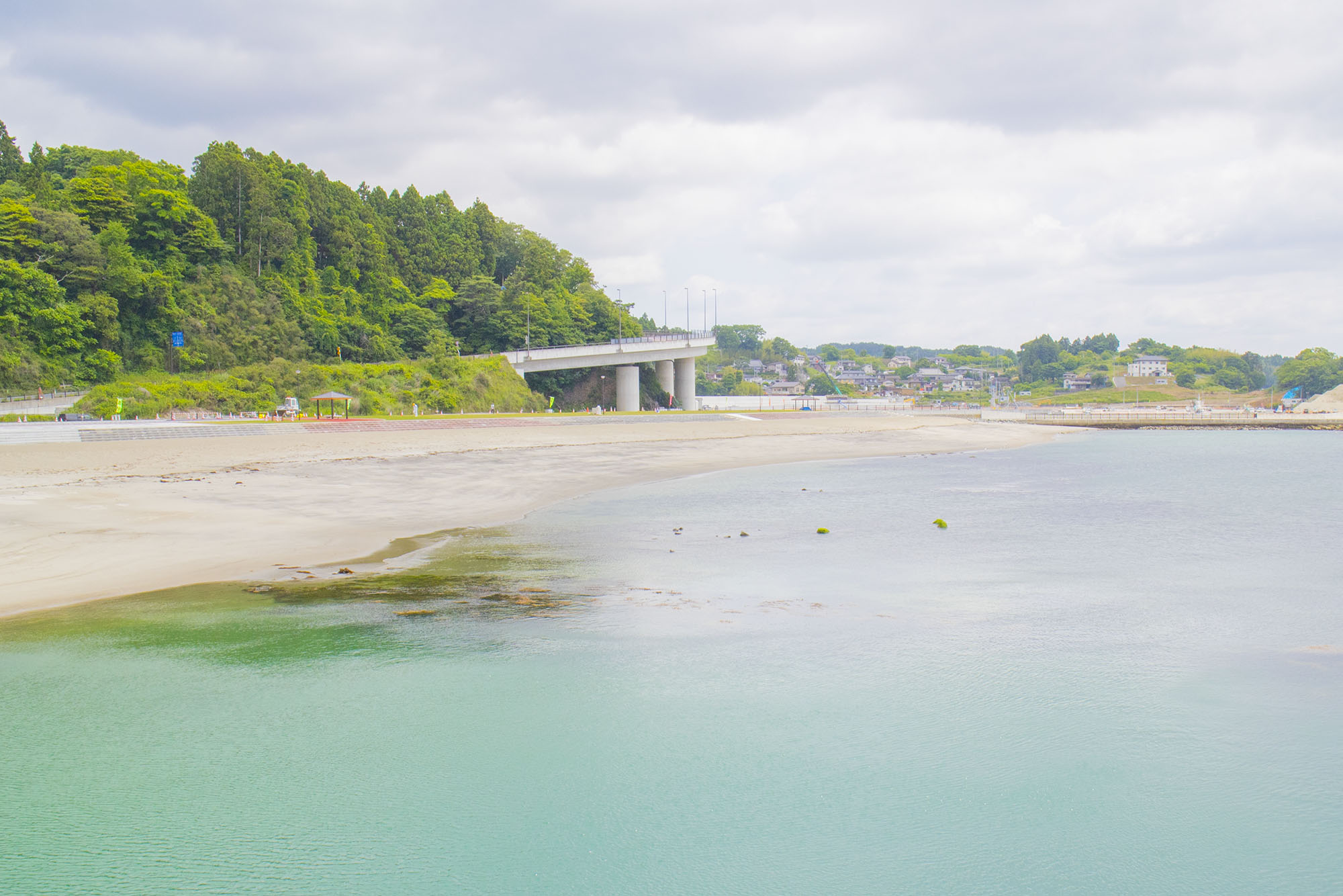 緑の木々に囲まれた高架橋の手前に砂浜と青い海が広がっている写真