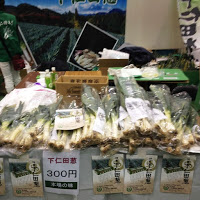 机の上に「下仁田葱 300円」と書かれた表示があり、土付きのネギが大量に並んでいる写真