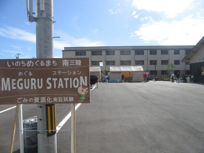 晴れた日の青空の下、茶色の看板に「MEGURU STATION（めぐるステーション）」と書かれた文字とキャラクターが描かれ、その奥には仮設テントと数人の人々が活動している建物前の広い舗装されたスペースが広がる様子を写した写真
