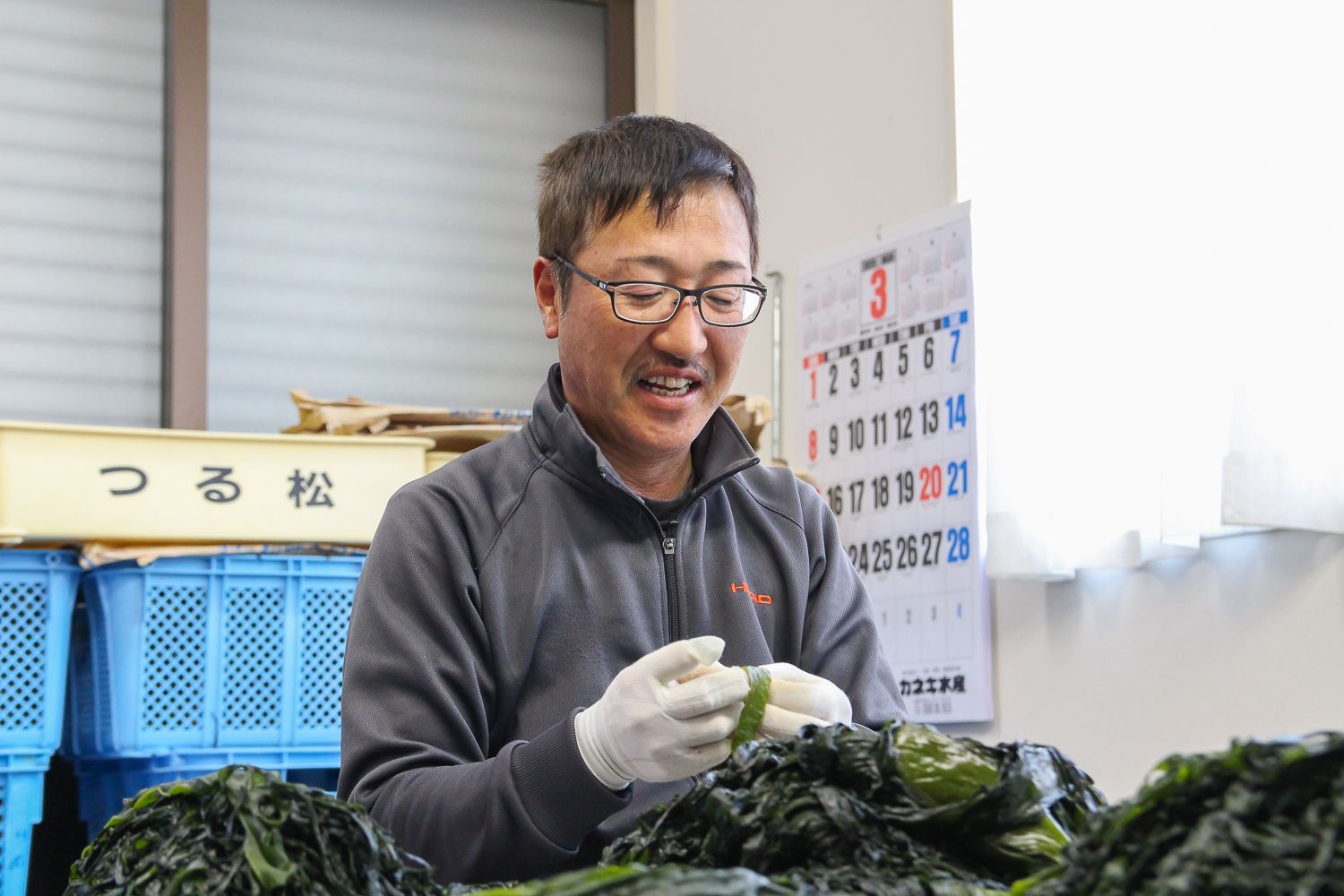 室内で白い手袋をはめた男性が、わかめを手に取りながら笑顔で作業をしている様子の写真