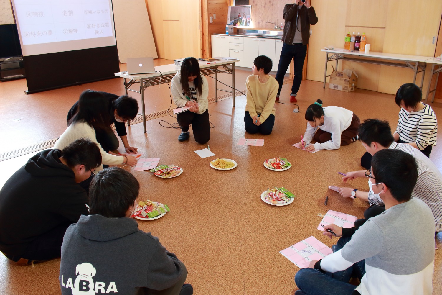 背景にはスクリーンや長机がある室内の床で、円形に座った10名以上の若者が、お菓子が置かれた5枚の紙皿の周りで紙に将来のことを書いている様子の写真