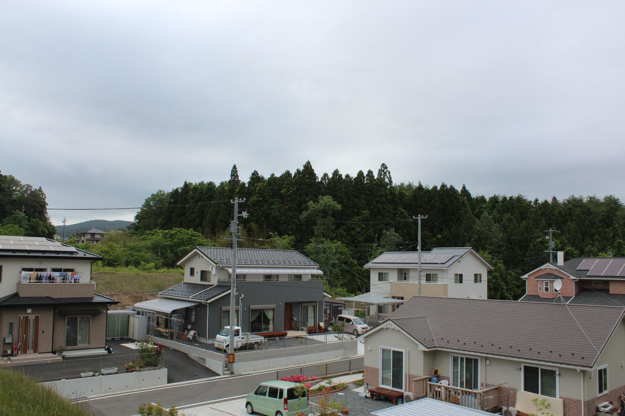 新しい戸建て住宅が立ち並び、背後に緑の森が広がる静かな住宅地の写真