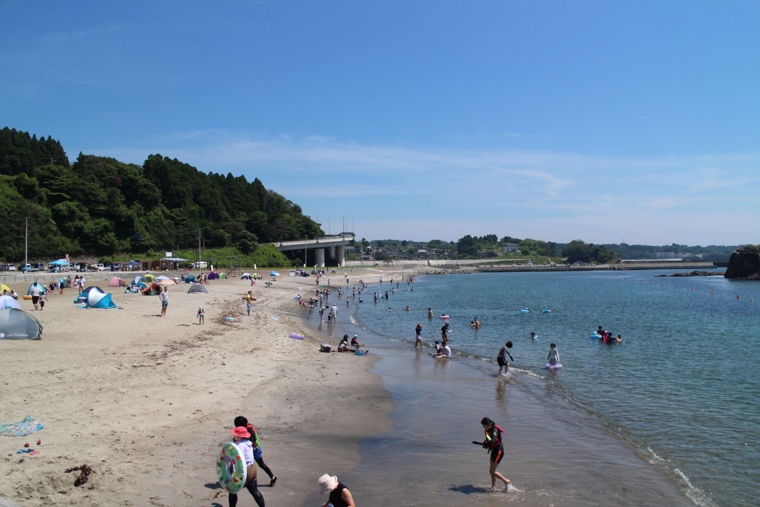 夏の日差しの下で多くの人々がテントを張りながら海水浴を楽しんでおり、きれいな海と白い砂浜が広がる志津川湾のにぎやかなビーチの様子の写真